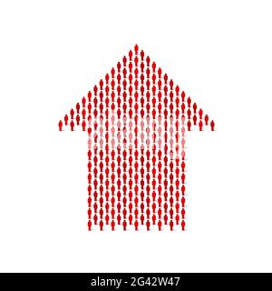 Menschenmenge in Form eines Pfeils nach oben. Große Personengruppe. Stick Figur rot einfache Symbole. Illustration. Stockfoto