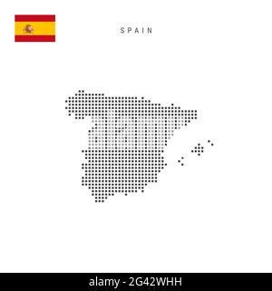 Karte mit quadratischen Punkten und Muster von Spanien. Spanische gepunktete Pixelkarte mit Nationalflagge isoliert auf weißem Hintergrund. Illustration. Stockfoto