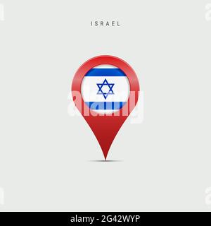 Teardrop-Kartenmarkierung mit Flagge Israels. Israelische Flagge in die Ortskennkarte Pin eingefügt. Illustration isoliert auf hellgrauem Hintergrund. Stockfoto