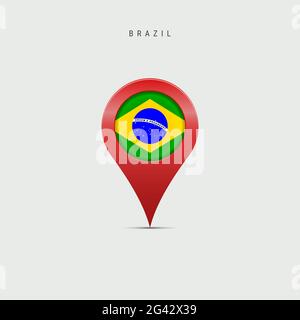 Teardrop-Kartenmarkierung mit Flagge Brasiliens. Brasilianische Flagge eingefügt in die Ortskennzeichnung Pin. Illustration isoliert auf hellgrauem Hintergrund. Stockfoto