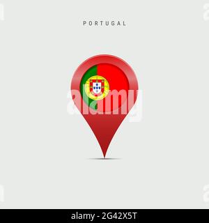 Teardrop-Kartenmarkierung mit Flagge Portugals. Portugiesische Flagge in die Ortskennzeichnung eingefügt. Abbildung isoliert auf hellgrauem Hintergrund. Stockfoto