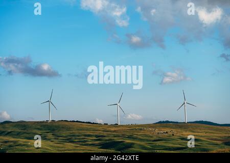 Drei hohe Windturbinen im Feld gegen den blauen Himmel. Stockfoto