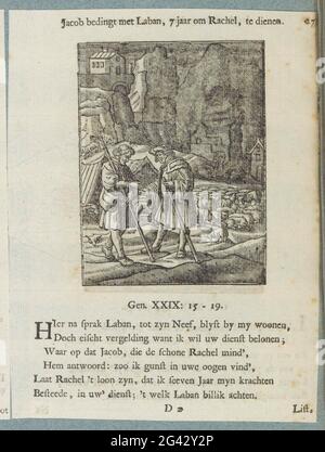 Jacob arbeitet sieben Jahre lang bei Laban; Jacob schlägt mit Laban, 7 Jahre, um Rachel zu dienen. Als Gegenleistung für die Hand Rahels muss Jakob sieben Jahre lang als Hirte für Laban dienen. Über dem einen Titel anzeigen. Es gibt sechs neue Regeln und einen Hinweis auf Genesis 29: 15-19. Der Druck ist Teil eines Albums. Stockfoto