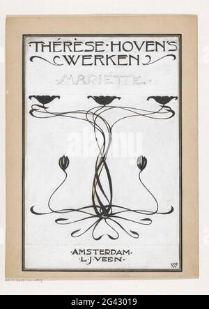 Banddesign für: Thérèse Hoven, Mariëtte, 1898. Design mit fünf stilisierten Blumen, deren Stiele sich in Form von geschwungenen Linien in einem fließenden Muster überlagern. Stockfoto