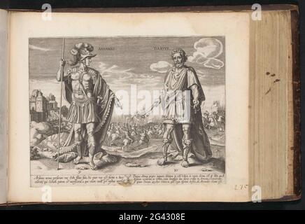 König Arsames und König Darius III; der Versammlung der Pressen; persische Könige; Den Grooten Figuer Bibel (...). Ließ König Arsames von Persien mit langem Stab oder Lanze in der Hand stehen. Eine Schlacht im Hintergrund. Rechts steht König Darius III. Von Persien mit einem Zepter in der Hand und seine andere Hand ruht auf dem Griff seines Schwertes. Im Hintergrund der Kampf zwischen Darius und Alexander dem Großen. Auf der rechten Seite ist Darius in seinem Auto. Er wird von einem Mann mit Schwert verletzt. Unter der Show erläuternde Texte in Latein. Dieser Druck ist Teil eines Albums. Stockfoto