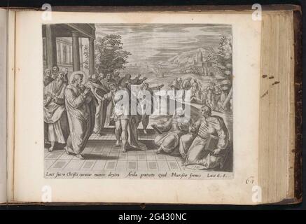 Christus heilt einen Mann mit einer schroffen Hand; Wunder in Ierusalem und anderswo; Wunder Christi; Den Grooten Figuer Bibel (...). Christus heilt am Sabbat im Tempel einen Mann mit geschrumpfter Hand. Der Mann streckt seine Hand zu Christus. Die Schriftgelehrten schauen. Zwei von ihnen sind vor Ort mit Gesetzbüchern in der Hand. Im Hintergrund in der Landschaft heilt Christus andere Menschen. Unter der Show ein Hinweis auf Latein auf den Bibeltext in Luc. 6: 6. Dieser Druck ist Teil eines Albums. Stockfoto