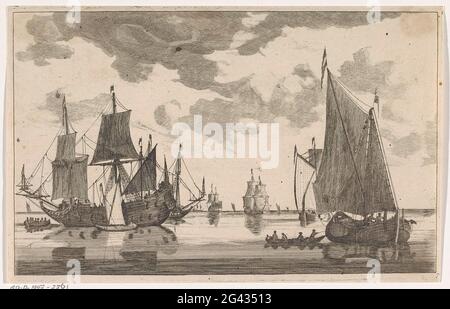 Segelschiffe und Schiffsschlaufen auf ruhigem Meer; Meereslandschaften. Links ein Kriegsschiff mit einem kleinen Segelschiff und einer Schlinge daneben. Auf der rechten Seite ein Segelschiff und eine Schiffsschlaufe. Stockfoto