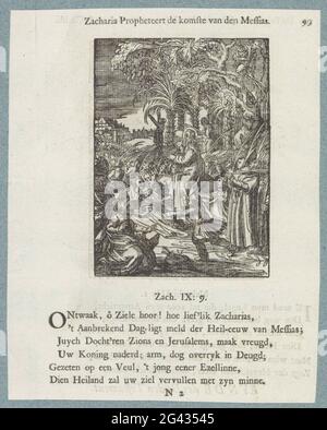 Eintritt in Jerusalem; Sacharja Propheten die comrivance des Messias. Christus fährt auf dem Rücken eines Esels sitzend zum Stadttor von Jerusalem. Die Menschen stehen mit Palmzweigen am Tor und breiten ihre Mantels vor Christus auf dem Boden aus. Über dem einen Titel anzeigen. Es gibt sechs neue Regeln und einen Verweis auf Sacharja 9: 9. Der Druck ist Teil eines Albums. Stockfoto