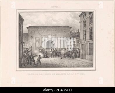 Eroberung vom Mechelsepoort in Antwerpen, 1830; Antwerpen. / Prize de la Porte de Mélines am 27 8.Bre 1830; Egenemens von Belgien, gezeichnet von Zeitzeugen, Brüssel, Jobards Lithographie; Egenes de Brussels, Antwerpen (...) (1831). Legion belgischer Freiwilliger erobern den Mechelsepoort in Antwerpen, 27. Oktober 1830. Teil EINER Gruppe von Drucken aus verschiedenen anderen Serien, aber in Recueil über die Ereignisse während der belgischen Revolution in Brüssel, Antwerpen und anderen Städten im Zeitraum vom 25. August 1830 BIS zum 27. März 1831 aufgenommen. Stockfoto