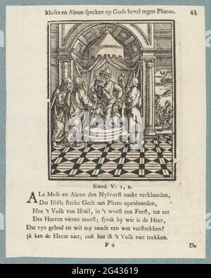 Mose und Aaron für den Pharao; Mose und Aaron reden auf Gottes Befehl gegen den Pharao. Mose und Aaron bitten den Pharao, die Israeliten freizulassen. Auf der linken Seite im Hintergrund arbeiten die Israeliten hart und werden wie Sklaven behandelt. Über dem einen Titel anzeigen. Es gibt sechs neue Regeln und einen Hinweis auf Exodus 5: 1-2. Der Druck ist Teil eines Albums. Stockfoto