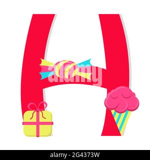 Buchstabe 'h' aus stilisiertem Alphabet mit Süßigkeiten: Geschenk, Eis, Süßigkeiten verpackt, Süßigkeiten. Weißer Hintergrund. Stock Vektor