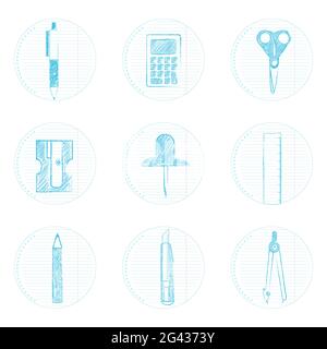 Kreisförmige Symbole in Form von Notizbuch mit Taschenrechner, Schere, Stift, Zeichenkompass, Stift, Bleistiftspitzer, Bleistift, Lineal, Stylus Stock Vektor