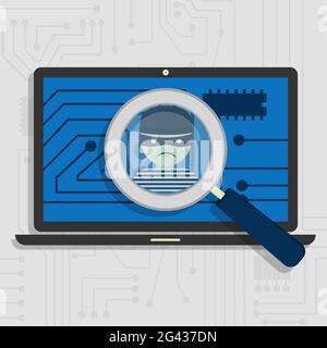 Malware, die auf einem Laptop entdeckt wurde, dargestellt durch eine Lupe, die sich auf die Figur eines Diebes konzentriert Stock Vektor