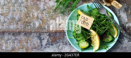 Die Inschrift CBD-Essen in einem Salat. Frühlingssalat mit Microgreens, Zitrone und Gurke mit Samen und Zusatz von CBD-Öl. CBD-Lebensmittelkonzept. Stockfoto