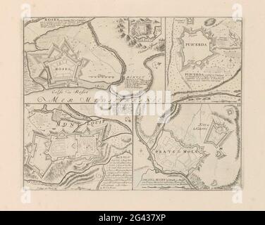 Städte in Katalonien und Südfrankreich; Roses / Puicerda / Mont-Louis / Prati de Mola; Les Principales Forterses & Villes Fortes, D'Espagne, De France, D'Italie, Savoia, D'Allemagne & des Païs-Bas (...) / sittingurische Bilder der wichtigsten starken Städte und Festungen in Spanien, Vrankryk, Italien, Savoyen, Duytsland und Nederlanden (...). Präsentation mit vier Karten von Städten in Katalonien und Südfrankreich zur Zeit oder kurz vor dem Spanischen Erbfolgekrieg. Mit Texten in Niederländisch und Französisch. Der Druck ist Teil eines Albums. Stockfoto