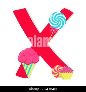 Buchstabe 'x' aus stilisiertem Alphabet mit Süßigkeiten: lollipop, Eis, Pfefferminzbonbons, Süßigkeiten. Weißer Hintergrund. Stock Vektor