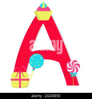 Buchstabe 'A' aus stilisiertem Alphabet mit Süßigkeiten: lollipop, Cupcake, Süßigkeiten. Weißer Hintergrund. Stock Vektor