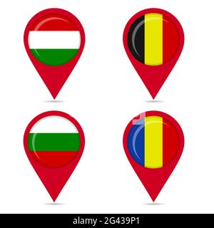 Kartensymbole von Nationalflaggen: Rumänien, Bulgarien, Ungarn, Belgien. Weißer Hintergrund. Stock Vektor