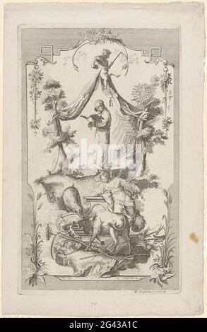 Der Mann vertiefte sich im Buch und die Frau bei der Kuh. Zentral ein stehender Mann, der in einem Buch liest. Darüber eine halbe Strecke mit zwei Gesichtern, einer Krone auf dem Kopf, einem Baby unter dem Arm und in der anderen Hand einer Sense. In der Mitte einer Frau, die sich an ein Denkmal und eine Kuh lehnt. Stockfoto