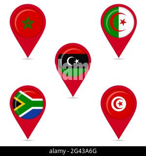 Kartensymbole von Nationalflaggen: marokko, Südafrika, tunesien, libyen, algerien. Weißer Hintergrund. Stock Vektor