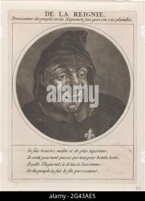 Porträt von Gabriel Nicolas de la Reynie; De La Reigne, Persecuteur des Peuples et des Hugenots Sans Qu'on S'en Oze Plaindre; Cartrents bei Louis XIV und seine Konsequenz; Les Héros de la Ligue Ou La Procession Monacle, Conduite Par Louis XIV Pour La Conversion des Protestant de Son Royaume. Der französische Staatsmann Gabriel Nicolas de la Reynie, in einer Paspel auf seiner Brust die französische Lilie. Der Druck ist Teil einer Serie von Cartoons bei Ludwig XIV. Und dessen Wirkung. Stockfoto