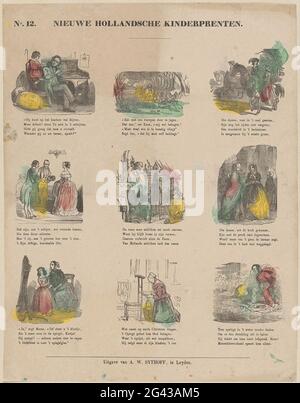 Sie können im Büro bleiben [(...)]; Neue Hollandsche Kinderdrucke. Blatt mit 9 Aufführungen unterschiedlicher Natur, wie Aufführungen von drei Frauen zu Pferd, von einem Maler bei der Arbeit und von dem Jungen Tom, der ein Ertrinken rettet. Unter jeder Vorstellung ein vierzeiliger Vers. Nummeriert oben links: Nr. 12. Stockfoto