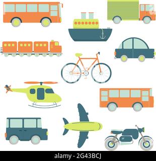 Transportmöglichkeiten auf weißem Hintergrund: Auto, Bus, Busreisen, shio, LKW, Zug, Fahrrad, Hubschrauber, 4x4 Auto, Flugzeug, Motorrad. Isoliert. Stock Vektor