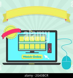 „Online ansehen“-Taste in einem Laptop für das Streamen von Filmen. Farbenfrohe Kunstwerke. Leeres Band und Stempel zum Einfügen von Text. Stock Vektor