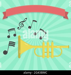 Trompetenbanner mit Noten und leerem Band zum Einfügen von Text. Stock Vektor