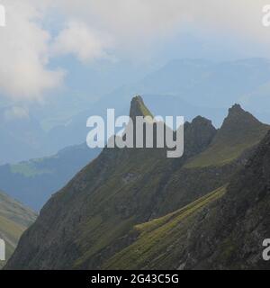 Nebliger Sommermorgen in den Schweizer Alpen. Stockfoto