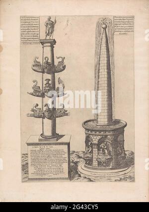Columna rostrata und Meta Sudans; Speculum Romanae Magnificentiae. Links: Die Columna rostrata, eine Ehrensäule mit Verzierungen in Form von Voorstevens aus überwundenen Schiffen des Carth Day, gegründet auf dem Forum Romanum zu Ehren von Gaius Duilius. Rechts: Die Meta Sudans, ein monumentaler Brunnen, der auf dem Platz südwestlich des Kolosseums stand. Kartuschen links und oben rechts mit Text. Stockfoto