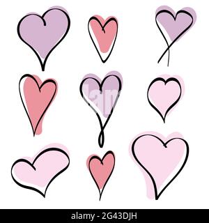 Handgezeichnete Kritzeleien verschiedener Art in Form von Herzen. Stock Vektor
