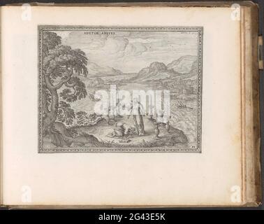 Vision der sieben Leuchter; Adytor. ADITUS; Imagines and Figurae bibliorum; Den Grooten Emblemata Sacra, bestehend aus mehr als vierhundert von Belsche Figuren, so des alten wie des Nieuwen Testaments. Landschaft mit einer Flussmündung, Segelschiffe und links ein Baum. Im Vordergrund die Vision der sieben Kerzenständer. Unter den sieben Altarskandalieren ist ein Mann mit flammenden Augen, sieben Sterne in seiner rechten Hand. Ein Schwert kommt aus seinem Mund. Johannes kniet im Gebet für ihn nieder. Neben ihm ist ein Buch (On. 1). Der Druck ist Teil eines Albums. Stockfoto