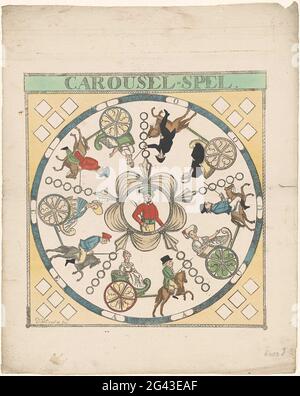 Carousel Spiel, 1823; Carousel Spiel. Brettspiel namens Carousel Spiel aus dem Jahr 1823. Zentral ein Hikeur mit Peitsche, um die fünf Wagen, in denen eine Frau sitzt und von einem Pferd gezogen, auf dem ein Mann sitzt. Teil einer Gruppe von Kindern und Begleitspielen, die in der Zeit ca. 1750-1850. Stockfoto