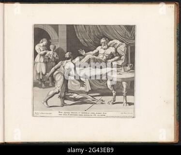 Isaak verspricht Esau einen zweiten Segen; Gemälde in der Loggia von Rafael; Imagins Veteris AC Novi Testamenti; Rafael Bibel. Isaak liegt im Bett und verspricht seinem Sohn Esau, der am Fußtritt ist, einen zweiten Segen. Jacob und Rebekka sind links im Hintergrund. Bibelverse unter der Show. Print ist Teil eines Albums. Stockfoto