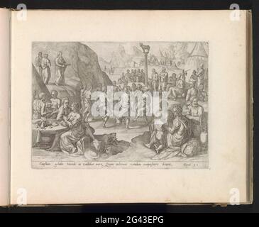 Tanz um das goldene Kalb; Geschichte des Mose nach dem Exodus; Thesaurus Sacrarum HistoriaRu [M] Veteris Testame [N] Ti, Elega [N] Tissimis Imaginibus Expressu [M] Excelle [N] Tissimoru [M] in Hac Arte Viroru [M] Oper: Jetzt [N] C Primu [M] Luce [M] Editus. Das jüdische Volk tanzt und musiziert um eine Säule mit dem goldenen Kalb. Im Vordergrund wird ein Festmahl gegessen. Auf der linken Seite auf einem Hügel bricht Mose die Gesetzentafeln nieder. Unter der Show eine Referenz in Latein auf den Bibeltext in ex. 32. Dieser Druck ist Teil eines Albums. Stockfoto