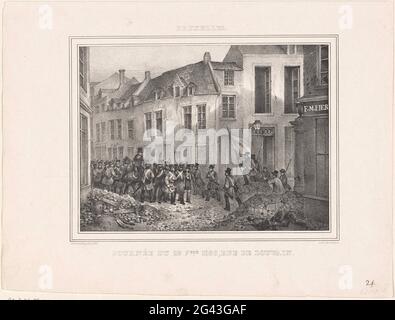 Barrikade im Leuvenseweg in Brüssel, 1830; Brüssel. / Tag des 23 7. Bre 1830, rue de Louvain; Egenemens von Belgien, gezeichnet auf der Szene von Zeugen des Okkulären, Brüssel, Jobards Lithographie; Druckgrafiken, die der Evételens-Serie aus Brüssel, Antwerpen (...) (1831). Belgische Aufständische versammeln sich am 23. September 1830 im Leuvenseweg (rue de Louvain) in Brüssel. Teil EINER Gruppe von Drucken aus verschiedenen anderen Serien im Zusammenhang mit den Aufzeichnungen in Report über die Ereignisse während der belgischen Revolution in Brüssel, Antwerpen und anderen Städten im ZEITRAUM vom 25. AUGUST 1830 BIS zum 27. MÄRZ 1831. Stockfoto