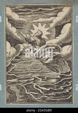 Erster Schöpfungstag: Trennung zwischen Licht und Dunkelheit. Gott der Vater schwebt über der Erde. Er trennt das Licht der Finsternis vom Tag der Nacht. Der Druck ist Teil eines Albums. Stockfoto