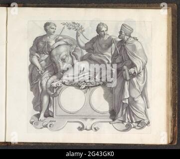 Blanco-Medaillon und die Personnifikationen von Mäßigung, Frieden und Eifer; Numismata virorum illustrium ex Barbadica gente. Sockel in Form einer Kartusche. Oben ein Medaillon mit einer leeren Vorder- und Rückseite. Die Frau auf der linken Seite hat einen Rüssel neben einem Pfeil und hat ihren Arm auf der Tasse eines Elefanten. Sie haben die Personifizierung der Mäßigung. Die mittlere Frau ist die Personifizierung des Friedens. Sie sitzt auf allen möglichen Waffen und hat einen Olivenzweig in ihren Händen. Sie legt ihren Arm auf die Schulter eines Mannes mit Duft und Lampe. Er ist die Personifizierung des Eifers. Der Druck ist Teil eines Albums. Stockfoto