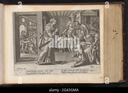 Elisa besucht die Frau von Sunem; von Eliseus und der Sunamitin; Geschichte von Elisa und der Frau von Sunem; Den Grooten Figuer Bibel (...). Der Prophet Elisa ist zu Gast bei einem Paar in Sunem. Die Frau hat für Elisa und seine Dienerin Chatic einen Abgang extra dekoriert. Als Belohnung für ihre Gastfreundschaft verspricht er ihr im Vordergrund, dass sie und ihr alter Mann in einem Jahr einen Sohn bekommen werden. Gechasi steht zwischen der Frau und Elisa. Unter der Show ein Hinweis in Latein auf den Bibeltext von 2. 4: 8. Dieser Druck ist Teil eines Albums. Stockfoto