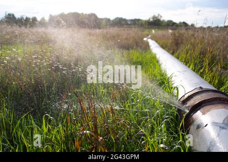 Undichtes Wasserrohr mit Jet from Hole am Außenfeld Stockfoto