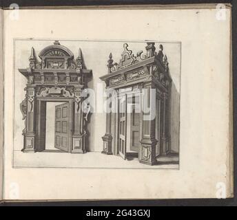 Zwei Türportale, mit offenen Türen; mehrere Schulbonbons / Plusieurs Menuiseries. Zwei Türportale mit dekorativen Zierleisten. Drei offene Türen. Der Druck ist Teil eines Albums. Stockfoto