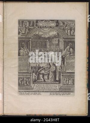 Sakrament des Priestertums; Sacramentum ordinis; die sieben Sakramente; Septem Novae Legis sacramenta (...). Das Sakrament des Priestertums. In der Mitte eine Darstellung von zwei Männern, die dem Priester geweiht sind. Im Hintergrund das letzte Abendmahl links und rechts ernennt Paul und Barnabas älteste in einer Gemeinde. Um Darstellungen von Bibelgeschichten, die mit hingebungsvoller Lebensgeschichte zu tun haben. Oben links der Priester und König Melchisedek, oben rechts die Priesterweihe Aarons zum Hohenpriester, unten rechts die Priesterweihe der Leviten und unten links Aaron und seine Söhne. König David an Stockfoto