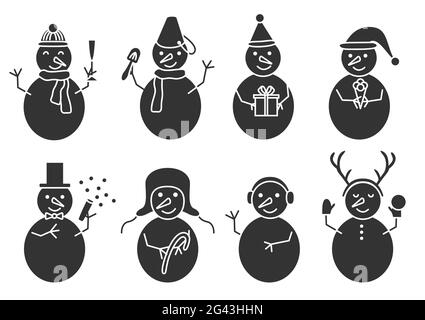 Snowmens schwarzes Glyph Set mit verschiedenen Hüten, Fäustlingen, Fliege, Knöpfen, Schal. Vektor flach. Grußkarte. Frohe weihnachten und ein Frohes neues Jahr. Elemente für Textilien, Tassen und Teller. Umhüllung. Stock Vektor