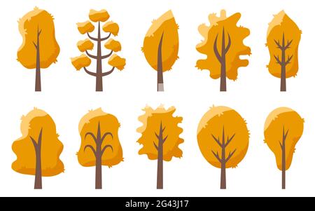 Bäume Herbst gelb orange mit Blättern auf einem weißen isolierten Hintergrund gesetzt. Designer Fall Objekte Elemente für Dekor. Fairy Trees. Erntedankfest. Scrapbooking. Hintergrundbild. Aufkleber. Vektor flach Stock Vektor