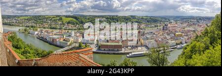 Blick vom Hackelberg nach Passau, Panorama, Bayern, Deutschland Stockfoto