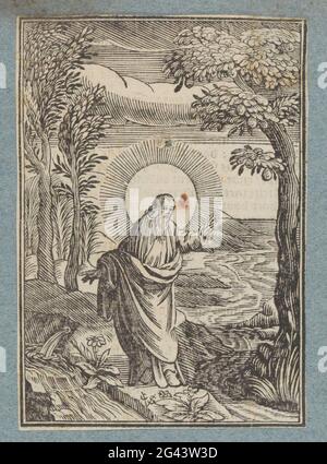 Dritter Schöpfungstag: Schaffung von trockener Erde und Pflanzen. Gott erschafft das Land, samenbildende Pflanzen und Bäume mit Früchten, die Samen tragen. Das Wasser zieht sich zurück in Flüsse und das Meer. Der Druck ist Teil eines Albums. Stockfoto