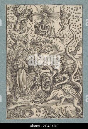Apokalyptische Frau und siebenköpfiger Drache. Eine geflügelte Frau, umgeben von einem Strahlenkranz, die auf einem Halbmond-Nickel steht und einen Sternzeugen auf dem Kopf hat, wird von einem siebenköpfigen Drachen bedroht. Engel tragen ihr Baby sicher zu Gott im Himmel. Der Druck ist Teil eines Albums. Stockfoto