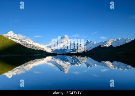 Wetterhorn, Schreckhorn, Finsteraarhorn und Fiescherhorn spiegeln sich im Bergsee, Bachalpsee, Grindelwald, Berner Oberland, UNESCO World Natur Stockfoto