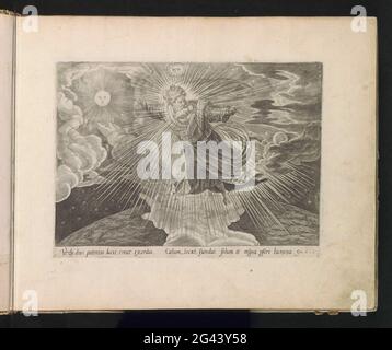 Erschaffung des Lichts; Schöpfung und Fall; Thesaurus Sacrarum HistoriaRu [M] Veteris Testame [N] Ti, Elega [N] Tissimis Imaginibus Expressu [M] Excelle [N] Tissimoru [M] in Hac Arte Viroru [M] Oper: Jetzt [N] C Primu [M] Luce [M] Editus. Der erste Schöpfungstag: Gottvater schwebt mit gestreckten Armen über der Erde und trennt das Licht der Finsternis vom Tag der Nacht. Auf der linken Seite ist die Sonne und auf der rechten Seite der Mond. Über Gott der Vater das Tetragramm. Am Ende eines Hinweises auf den Bibeltext in Latein. Dieser Druck ist Teil eines Albums. Stockfoto